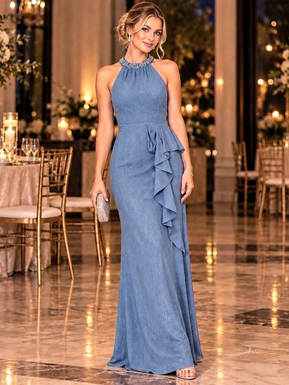 NWT Alex Evenings Wedgewood Blue Beaded Halter Ruffle Long Evening Gown Size 12